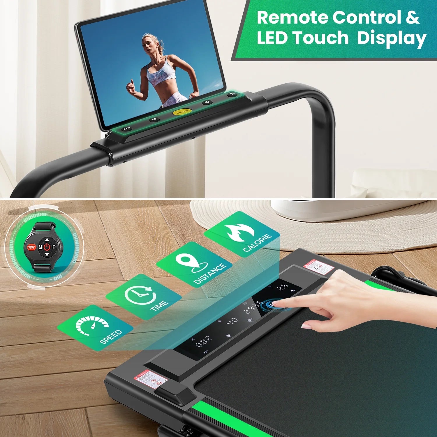 2 in 1 Walking Pad Treadmill with Incline, 2.5HP Under Desk Treadmill with Handle Remote Control & LED Touch Screen for Home Office Workout, 300 lb Weight Capacity Black & Green